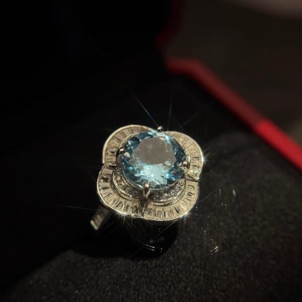 4.35 Carat Natural Sky Blue Topaz Ring in 925 Silver - Round Cut November Birthstone Ring with Zircon Accents, Adjustable Healing Crystal Jewelry Gift for Women