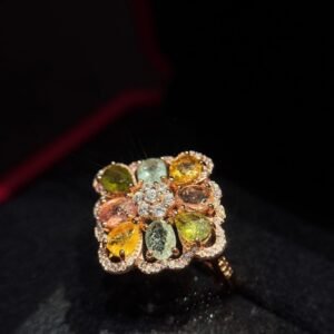 3.6 Carat Natural Multicolor Tourmaline Ring in 925Rose Gold Silver - Teardrop Cut October Birthstone Ring with Zircon Accents, Adjustable Healing Crystal Jewelry Gift for Women