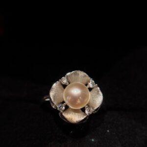 Natural Pearl Ring – 2 Carat Round-Cut Pearl with Zircon Accents | 925 Sterling Silver with Brushed Finish