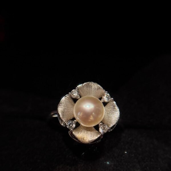 Natural Pearl Ring – 2 Carat Round-Cut Pearl with Zircon Accents | 925 Sterling Silver with Brushed Finish