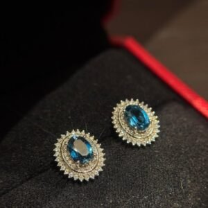 1.9 Carat Natural London Blue Topaz Earrings in 925 Silver - Oval Cut November Birthstone Studs with Zircon Accents, Hypoallergenic Gift for Women