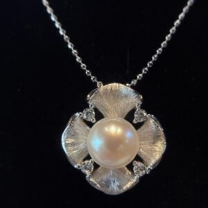 Natural Pearl Pendant Necklace for Women, 2 Carat Round Pearl, 925 Sterling Silver, Surrounded by Sparkling Cubic Zirconia – Elegant Fine Jewelry Gift
