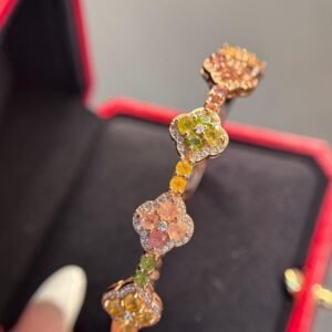 Natural Multicolor Tourmaline Bracelet  Rose Gold Silver - Round Gemstone Bangle with Zircon Accents, October Birthstone Healing Jewelry Gift for Women