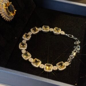 Natural Citrine Bracelet – 8 Carat Cushion-Cut Citrine Stones Set in 925 Sterling Silver with Sparkling Zircon Accents | Elegant Handmade Jewelry