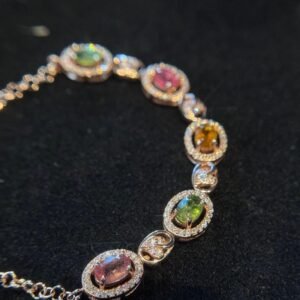 Natural Tourmaline Bracelet  Rose Gold Silver - Oval Cut Gemstone Chain with Zircon Accents, October Birthstone Healing Jewelry Gift for Women